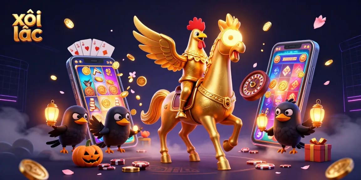 Engaging scene of xôi lạc illustrating dynamic casino action with a golden rooster and smartphones flashing games.