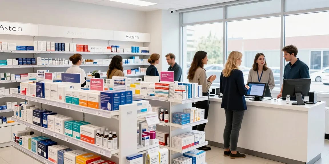 Astera Shop with a vibrant display of lab-tested steroids and helpful staff.