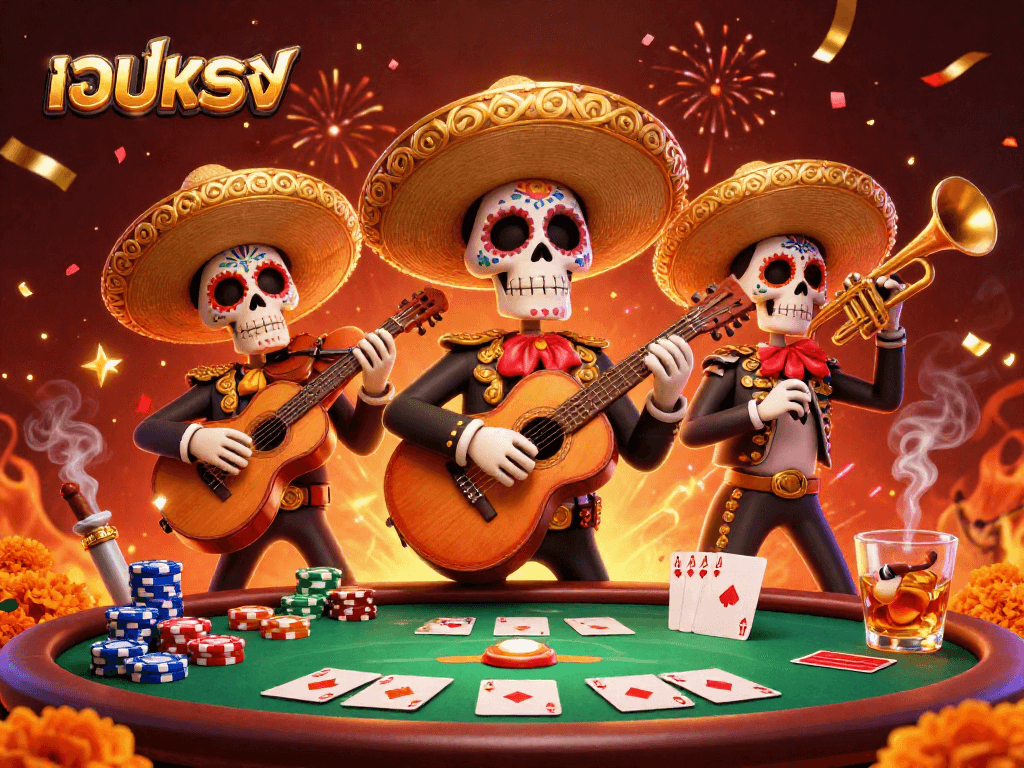 Play a thrilling game at เว็บตรง with a vibrant mariachi band in a festive casino scene.