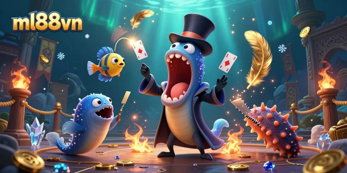 Engage with ml88vn's vibrant casino scene featuring a playful deep-sea gulper eel performing card tricks.