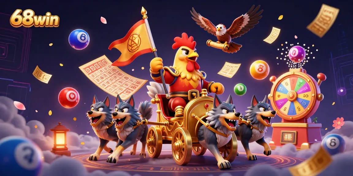 Engage with 68win's exciting online lottery world, featuring vibrant dynamic elements and a thrilling adventure.