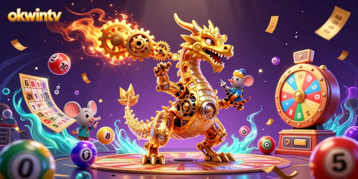 Bet on the thrilling games at okwintv with a vibrant 3D dragon scene showcasing lottery and casino elements.