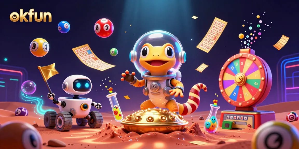 Engage in winning moments at okfun with colorful lottery balls and golden prizes erupting from an animated casino scene.