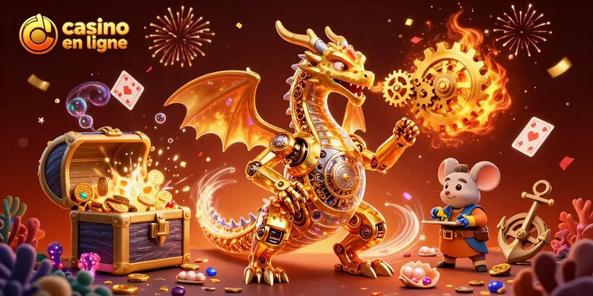 Découvrez des jeux captivants sur casino en ligne avec un dragon doré et des éléments de jeu.