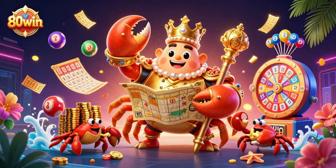 Spin to win at 80win with a dynamic scene of a golden crab emperor and vibrant games.