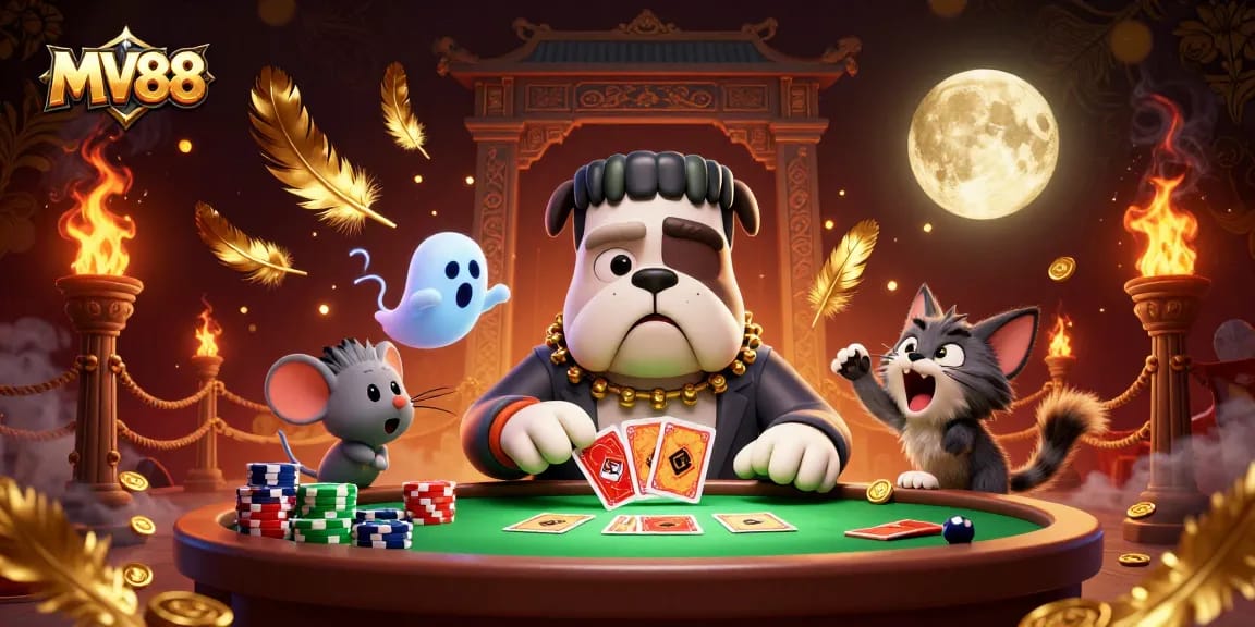 MV88 showcases a thrilling scene of a cartoon bulldog monster dealing cards at a spooky table in a vibrant casino.