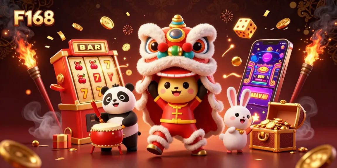 Experience exciting gameplay with F168's vibrant casino scene featuring lucky symbols and festive characters.