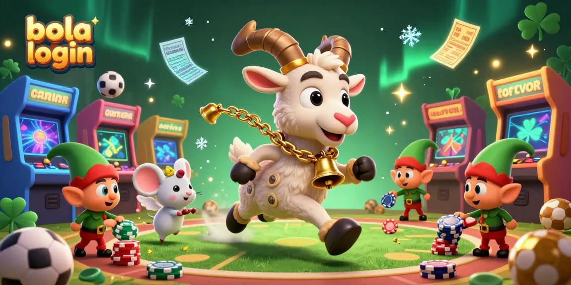 Bola login with lively sports betting scene featuring Krampus and playful characters amidst vibrant gaming elements.