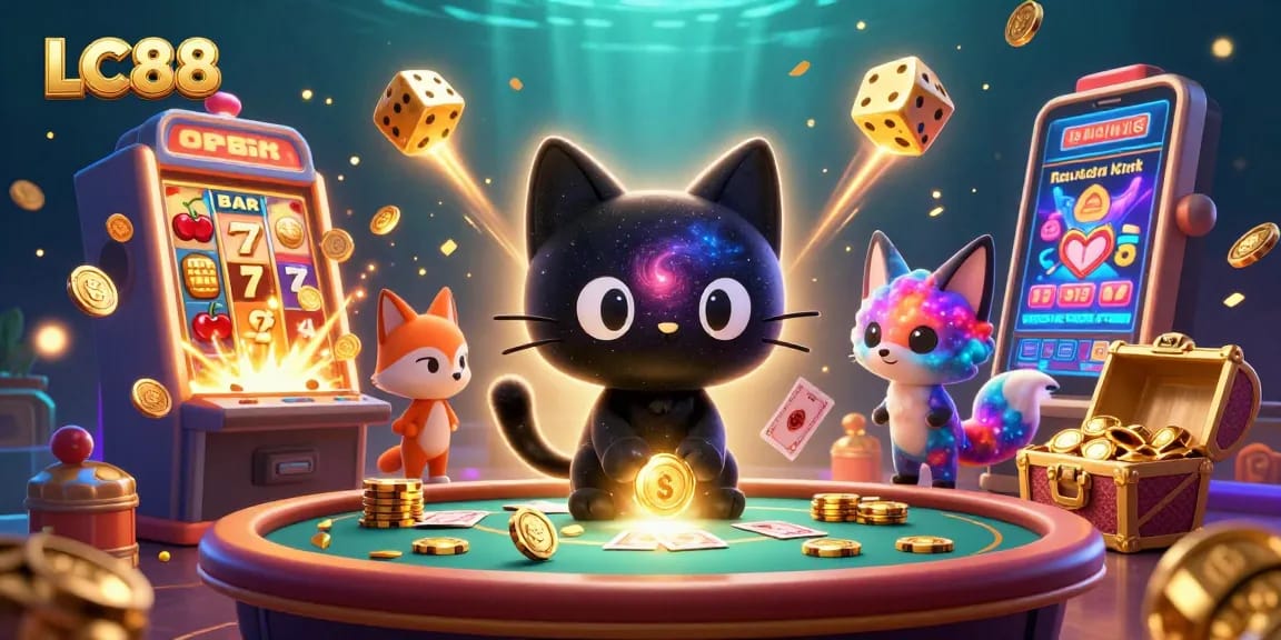 Experience thrilling gameplay at LC88 with a cosmic casino scene featuring vibrant characters and dynamic gaming elements.