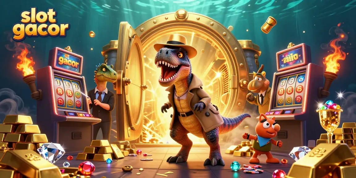 Engage with 'slot gacor' as a velociraptor senses the jackpot at a spinning slot machine.