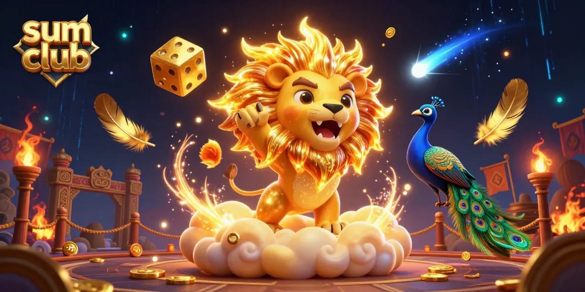 Join the fun at sum club with a roaring cartoon lion, golden dice, and vibrant casino elements!
