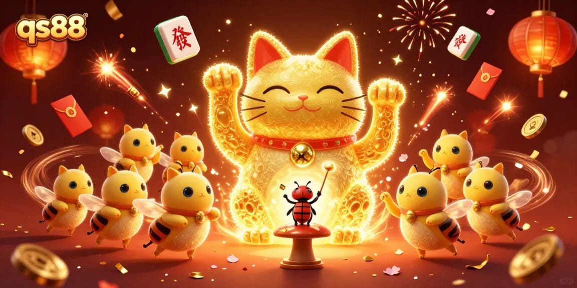 Experience the excitement of qs88 with a golden lucky cat and dynamic casino elements