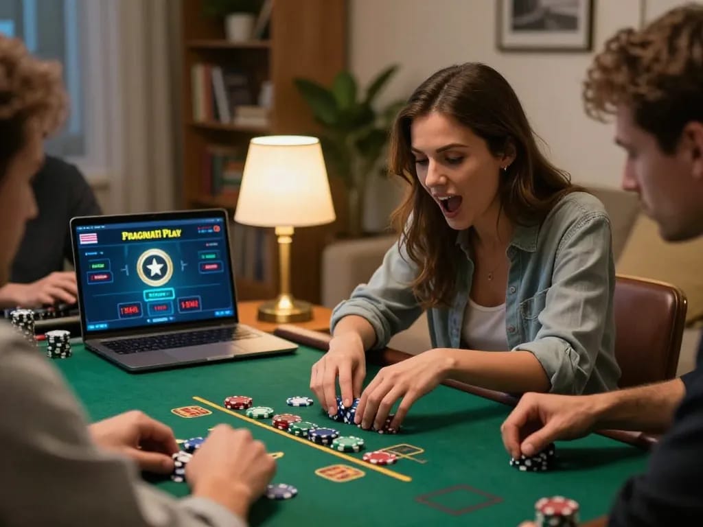 Engaged player enjoying a live Pragmati Play blackjack game on a laptop at home, showcasing strategic gameplay.