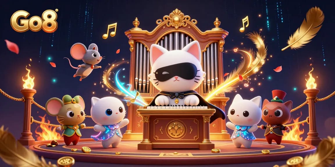 Engage in thrilling gaming with Go8, featuring a phantom cat and a mouse acrobat in a vibrant casino.