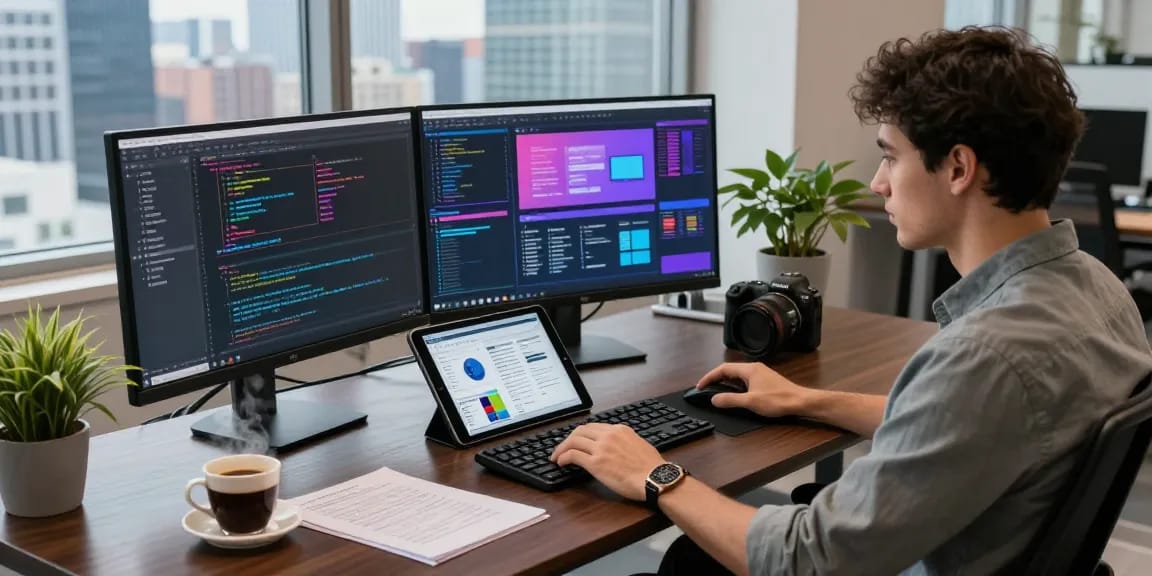 Professional software developer working at a modern desk, showcasing WPS Official Website productivity tools in a vibrant office.