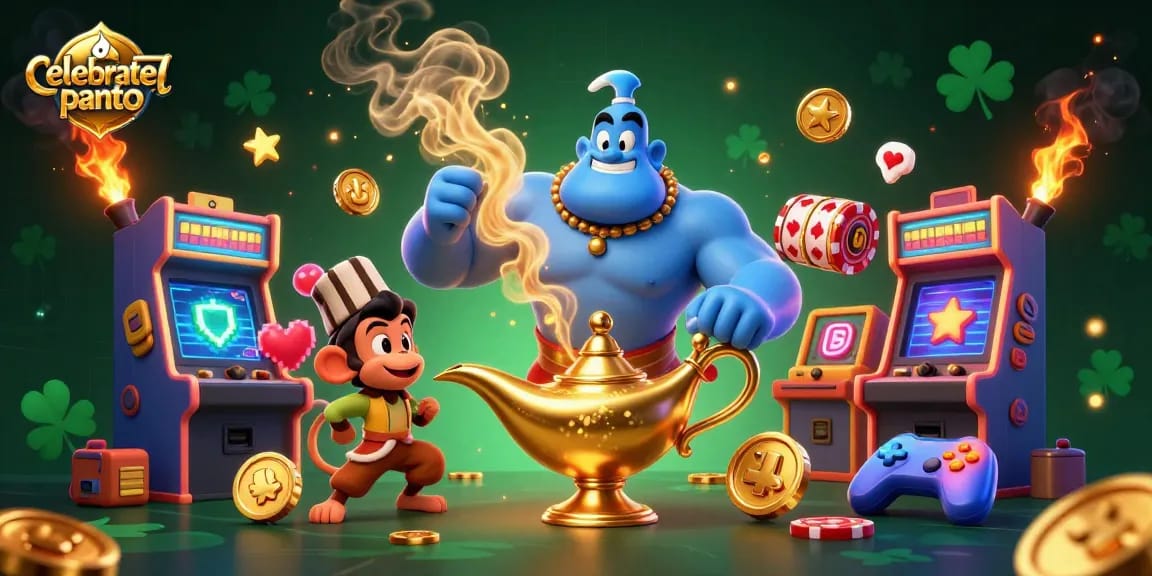 Experience exciting gameplay at celebratepanto with a magical casino scene featuring a genie and slot elements.