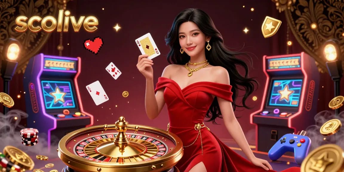Socolive enhances your gaming experience with a glamorous woman holding a playing card by a golden roulette wheel.