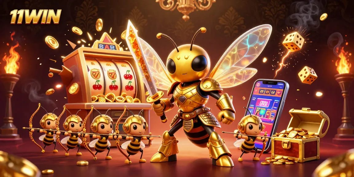 Experience 11WIN with a dynamic 3D illustration of a giant hornet samurai amidst casino games and fortune.