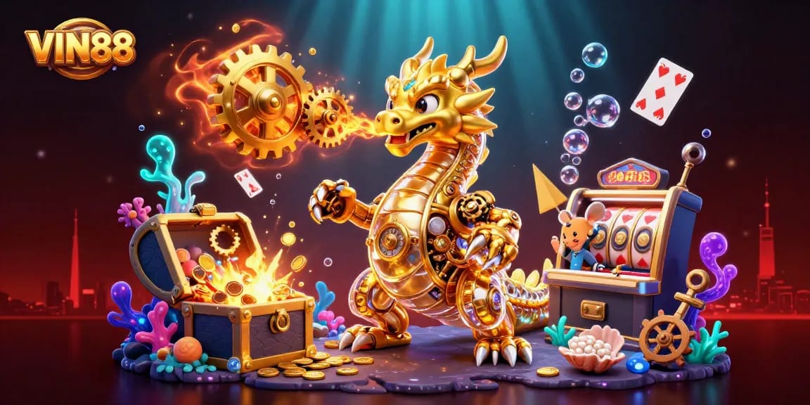 Experience thrilling gameplay with VIN88's golden dragon and vibrant casino elements.