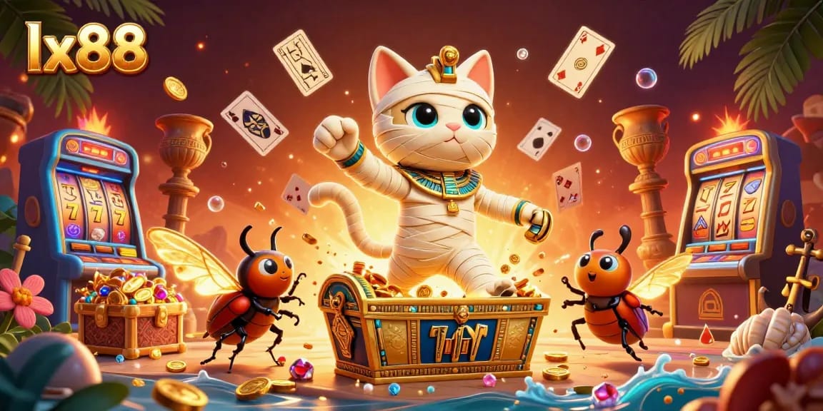 Experience the excitement of lx88 with a dynamic gaming scene featuring a mummy cat and treasures.
