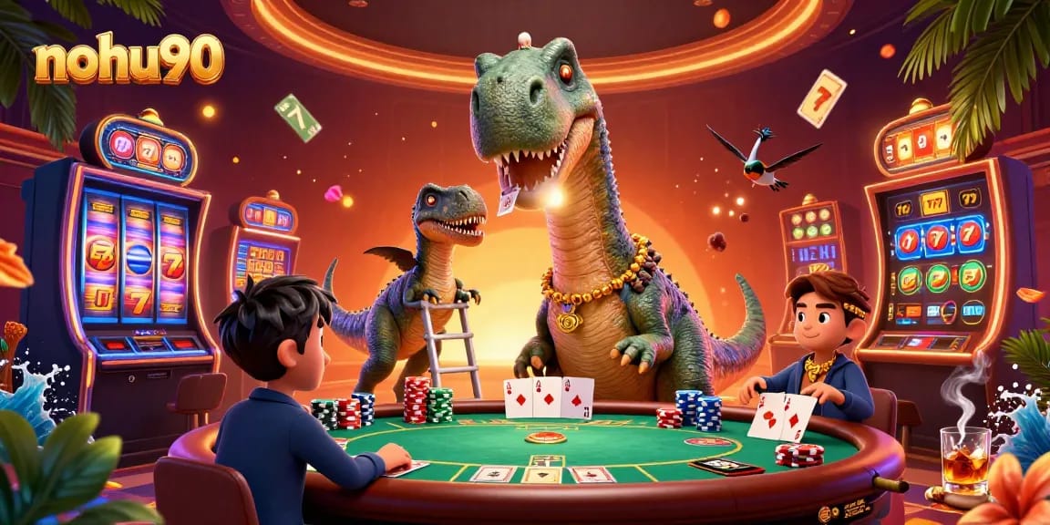 Nohu90 offers a vibrant casino scene with a giant brontosaurus and dynamic gaming elements.