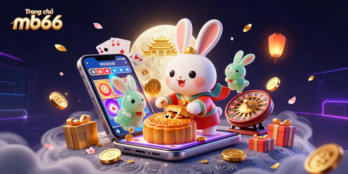 Engaging illustration of Trang chủ mb66 with a folkloric moon rabbit, poker chips, and dynamic casino elements.