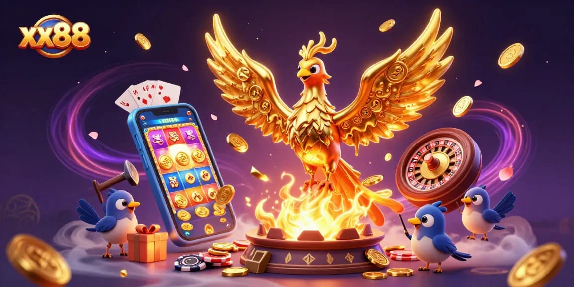 xx88 spins into winnings with a molten phoenix, dynamic casino elements illuminating the scene