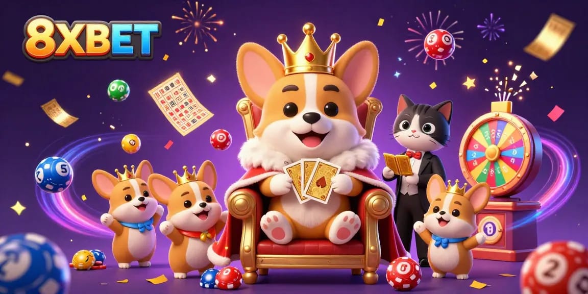 Experience the vibrant gaming atmosphere at 8XBET with thrilling lottery and casino elements in a rich 3D scene.