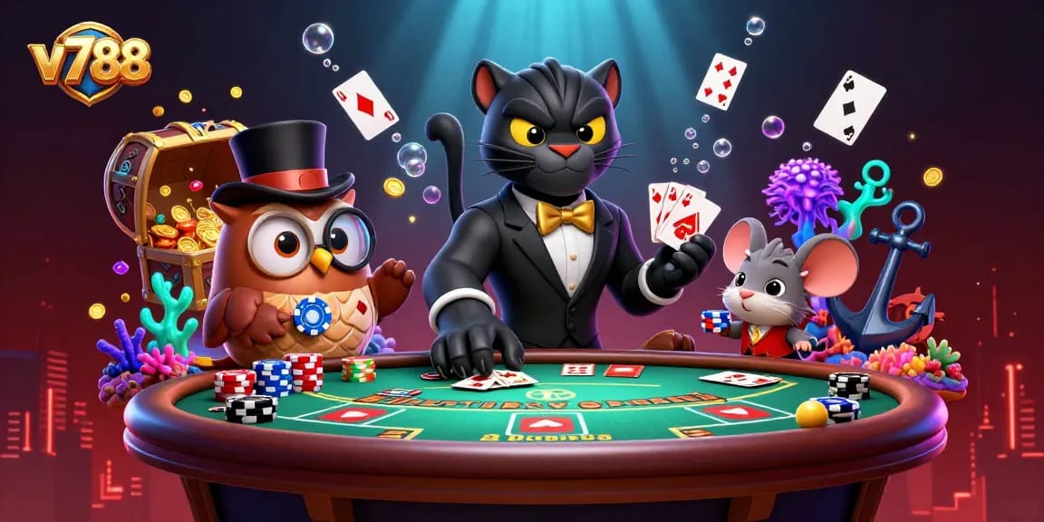 Experience gaming thrills at v788 with a stylish panther dealer showcased in vibrant casino elements.