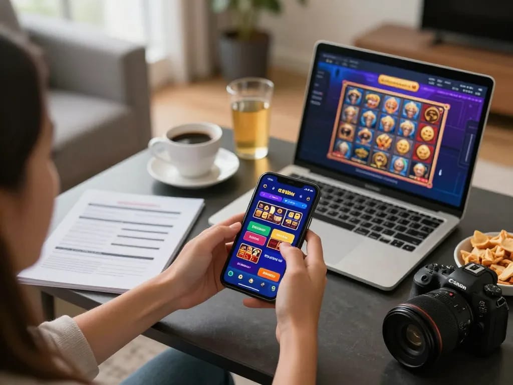 Tải App 98WIN with vibrant online casino interface displayed on a smartphone in a cozy living room setting.