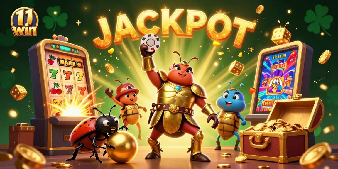 Engage in thrilling jackpots at 11 win with a 3D scene of a victorious hercules beetle and casino magic.