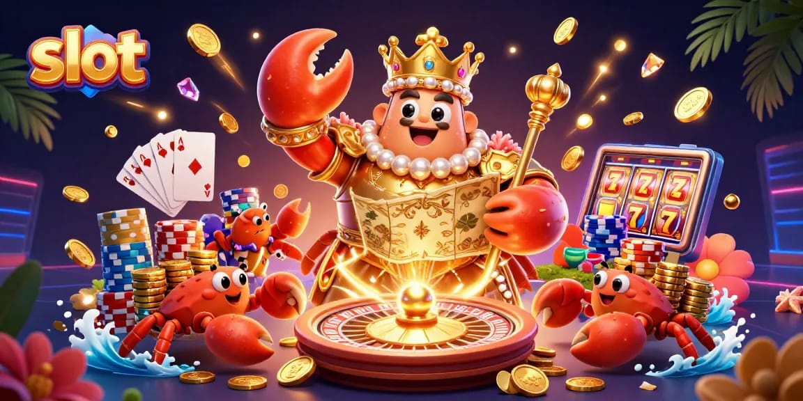 Spin winning slots with the 3D golden crab emperor surrounded by vibrant casino elements.