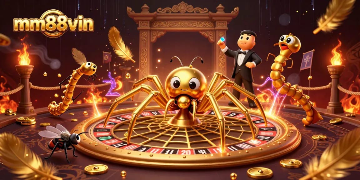 Engage with mm88vin through vibrant gaming action, featuring a golden spider and centipede croupier.