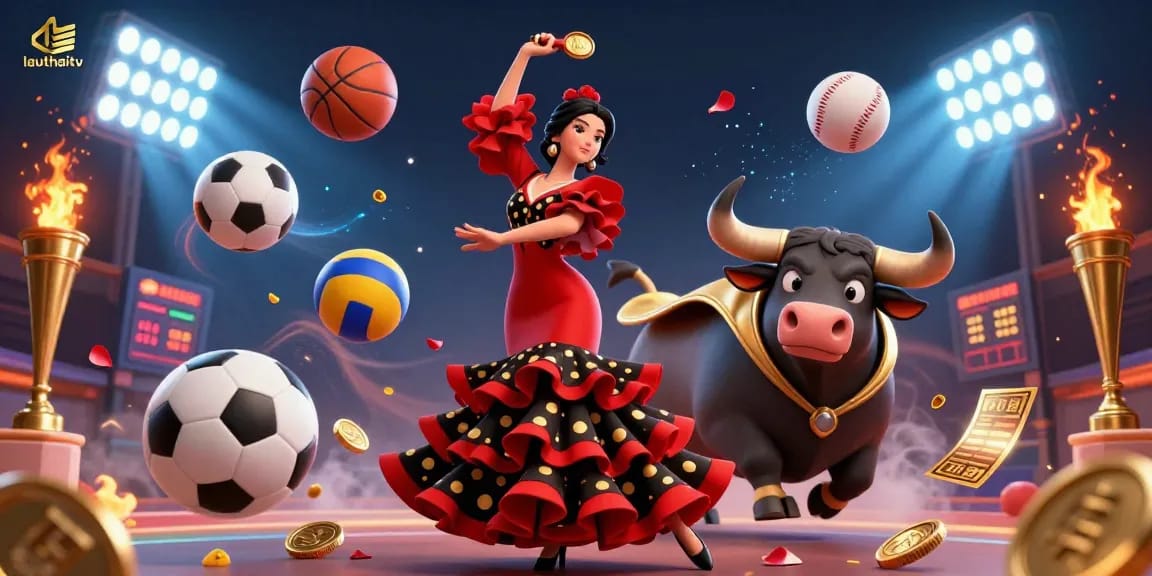Experience live sports action with lauthaitv featuring a vibrant scene of an animated bull with sports elements.
