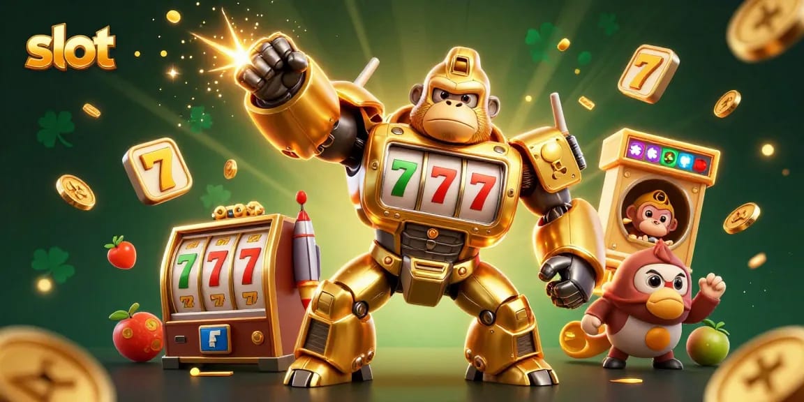 Experience thrilling slot action with a dynamic gorilla mech and vibrant game elements.