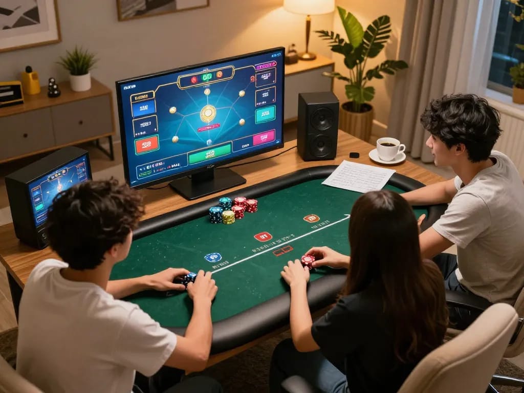 Players enjoying online poker with xx88 on a home computer, showcasing strategic gameplay.