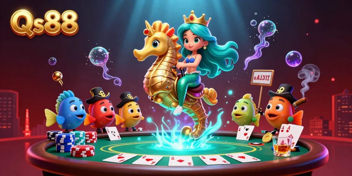 Engage in thrilling poker action at Qs88 featuring vibrant characters in a captivating underwater casino scene.
