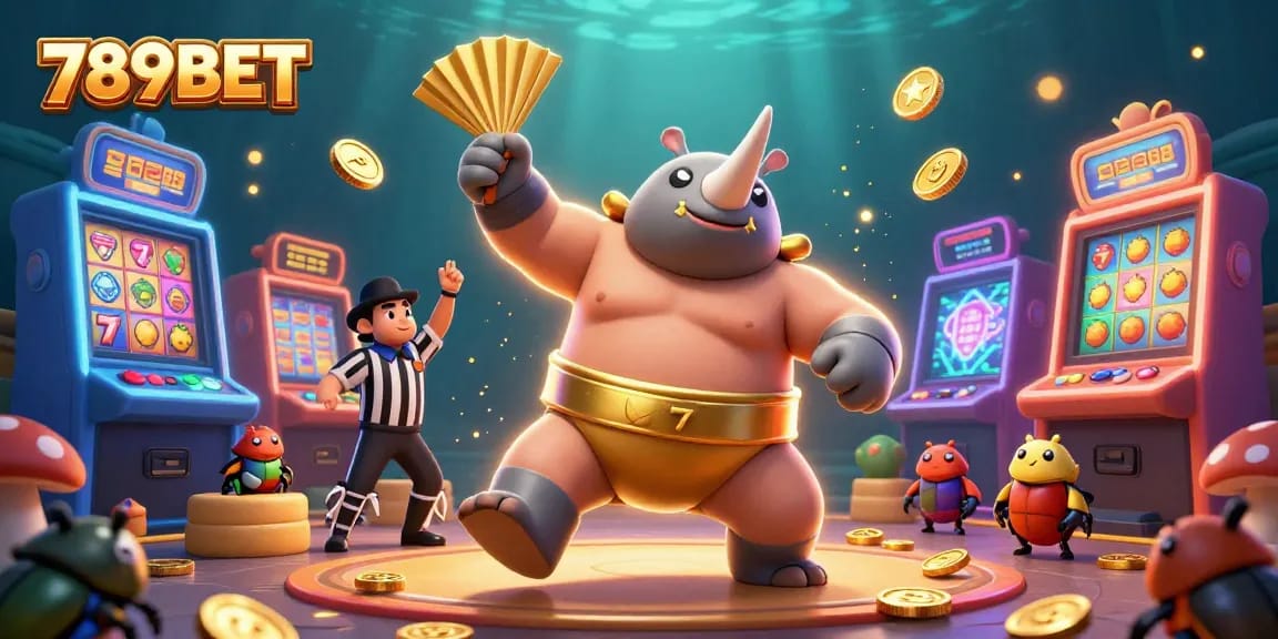 Experience thrilling gameplay at 789BET with a vibrant scene of a cartoon beetle champion amidst flying gold coins and colorful slot machines.