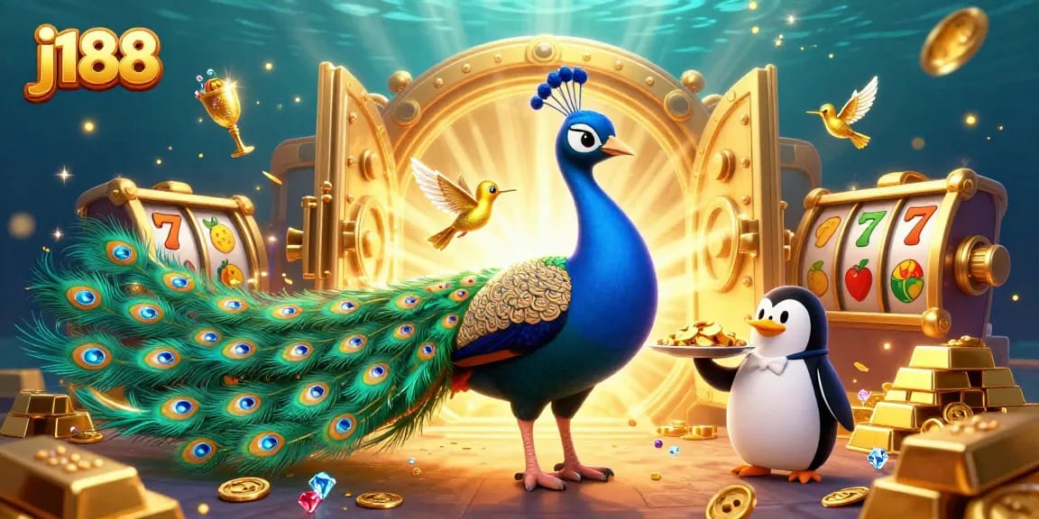j188 players engaging in slots with vibrant casino characters and jackpots in a dazzling scene