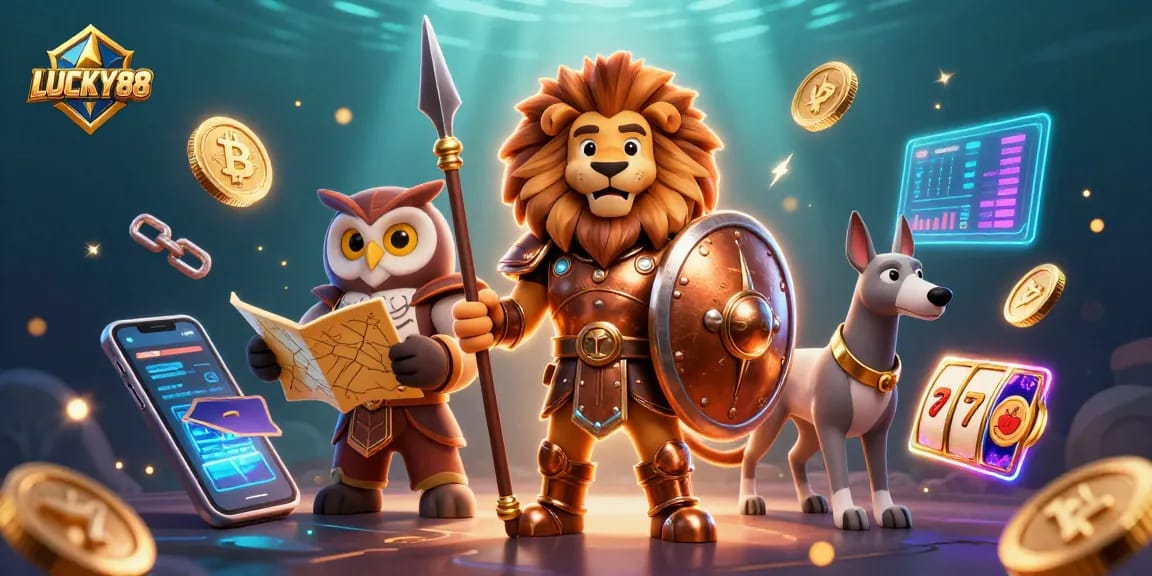 LUCKY88 offers thrilling slot adventures with cartoon characters and glowing cryptocurrency elements.