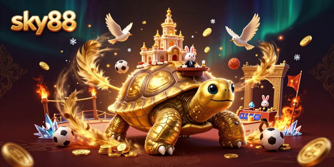 Bet on thrilling moments with sky88 as a golden tortoise hosts sports betting action in a vibrant casino scene.
