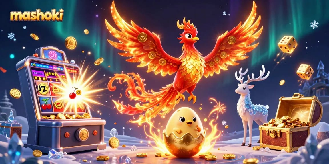 Experience the thrill of mashoki casino with a vibrant phoenix and winning symbols in a captivating 3D scene.