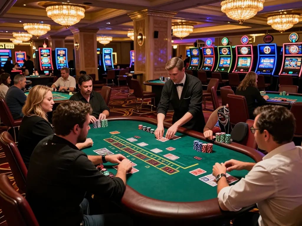 Players strategizing over a blackjack table at OKFUN casino with vibrant atmosphere
