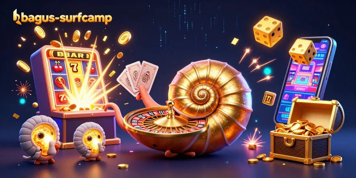 Experience thrilling gameplay at bagus-surfcamp with a vibrant casino-themed 3D illustration showcasing dynamic gambling elements.