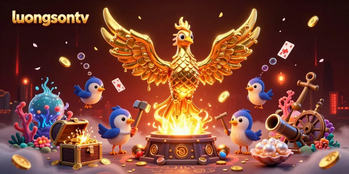 Experience thrilling moments with luongsontv as molten gold transforms into winning coins amidst vibrant illustrations.