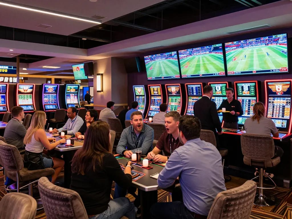 Live sports betting atmosphere where keonhacai odds are analyzed by enthusiastic gamblers.