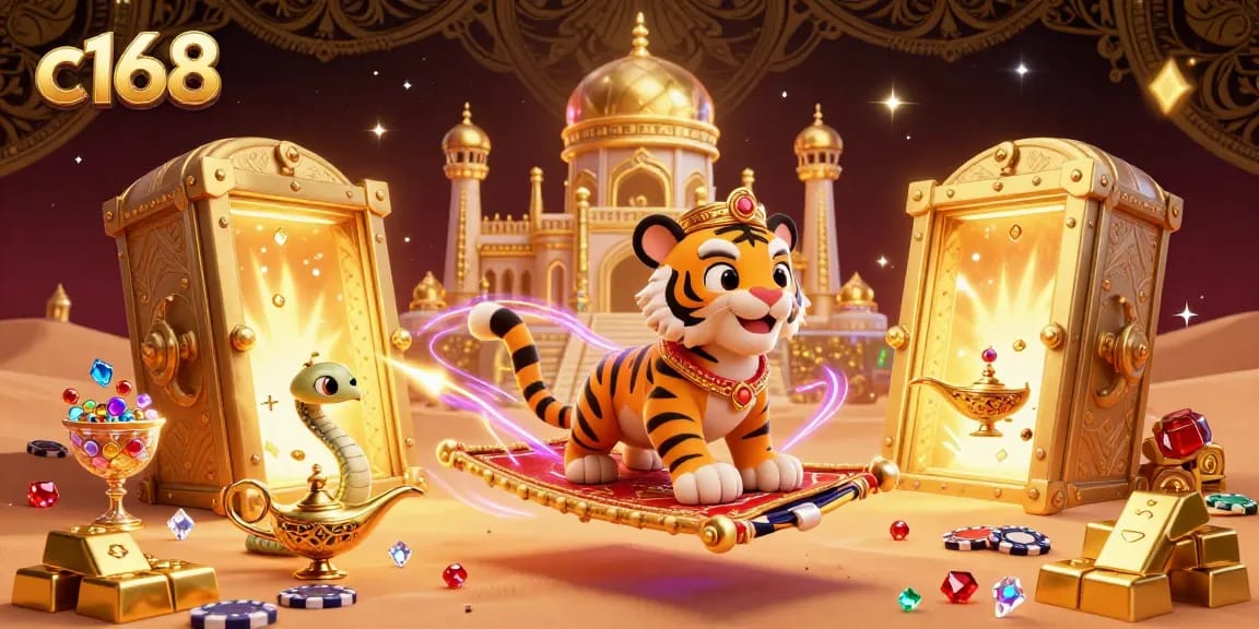 Experience excitement at c168 with a vibrant casino scene featuring an Arabian Nights-themed sultan and treasure highlights.