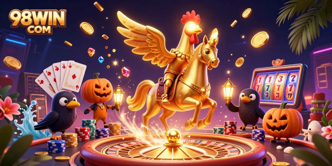 Win big at 98WIN COM with a lively golden rooster and gaming excitement in a casino scene.