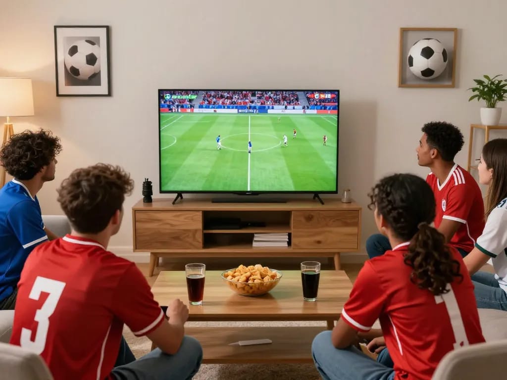Fans enjoying a live football match on https://luongson117.tv/ in a cozy atmosphere with team jerseys, snacks, and a big-screen TV.