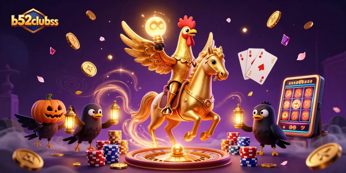 Experience thrilling gameplay at b52clubss with headless horseman and golden rooster in a vibrant casino scene.